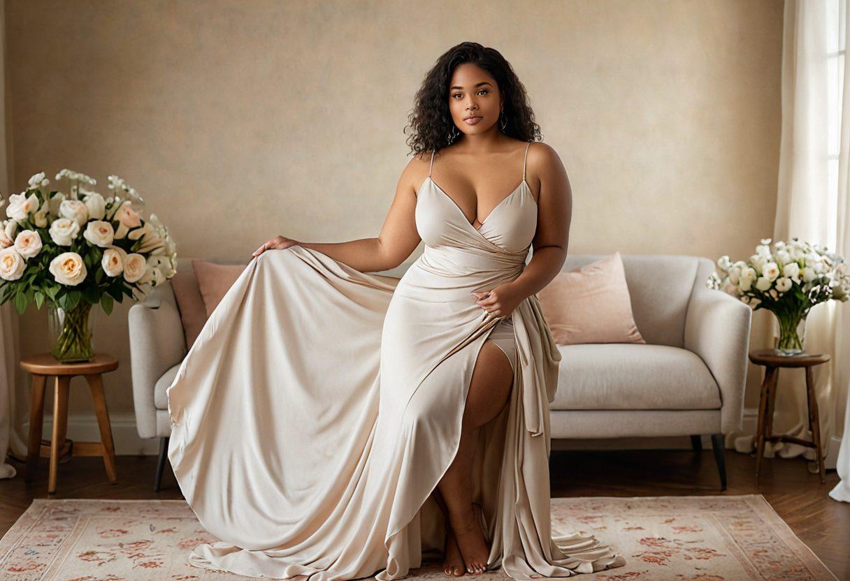 A beautifully lit intimate photography scene featuring a confident curvy model in soft, flowing fabrics, posed gracefully in a serene environment. The background should be a cozy room with warm, soft lighting, highlighting the curves and natural beauty of the model. Incorporate delicate flowers and gentle textures to evoke a sense of sensuality and celebration of body positivity. Emphasize an emotional connection through expressive body language and subtle, inviting expressions. super-realistic. warm tones. soft focus.